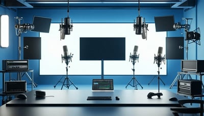 Illustration of a modern podcast studio with LED screen and production equipment Illustration of a modern podcast studio with LED screen and production equipment